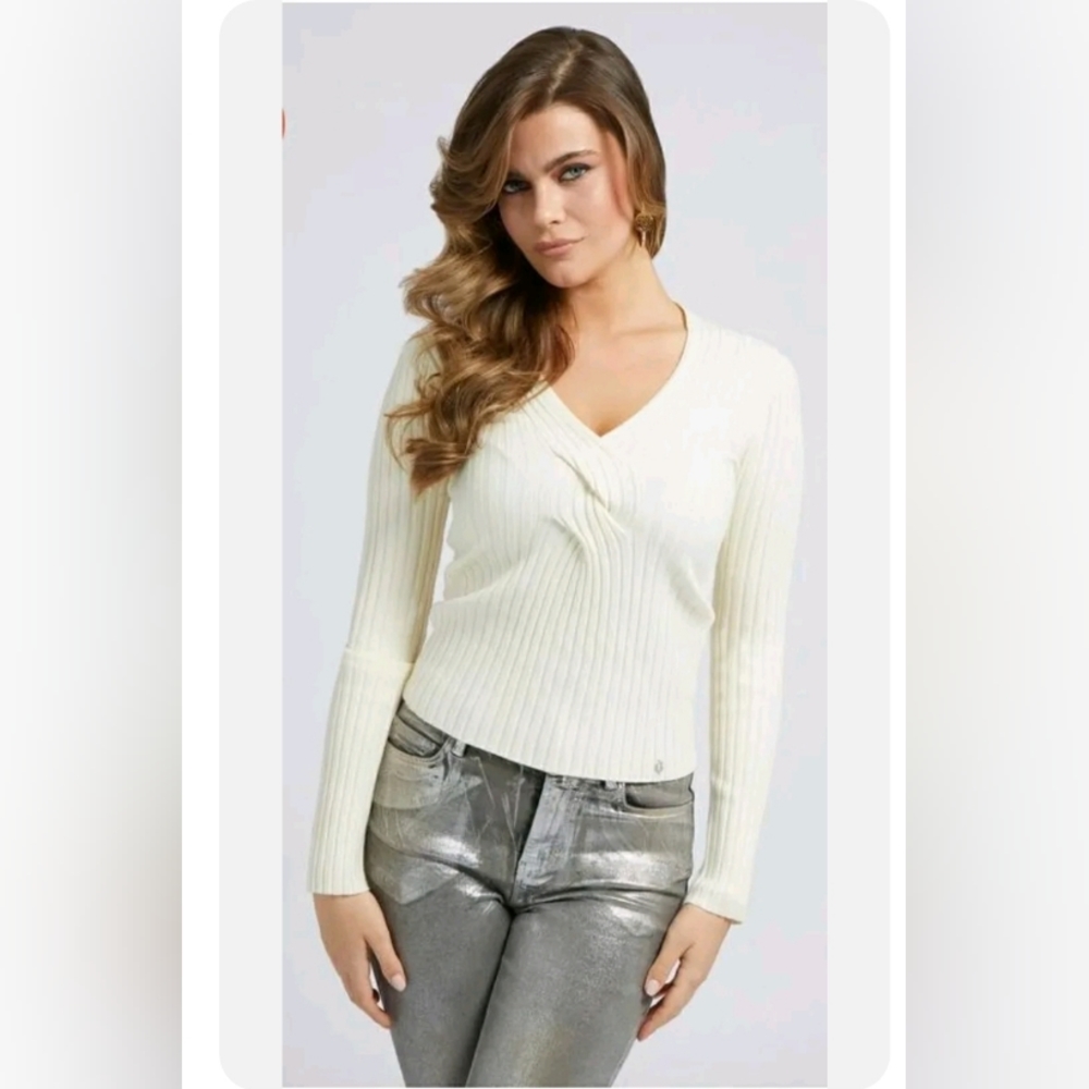 Guess Made in Italy Guess Ines VN LS fitted stretch Sweater cream sz XS $98